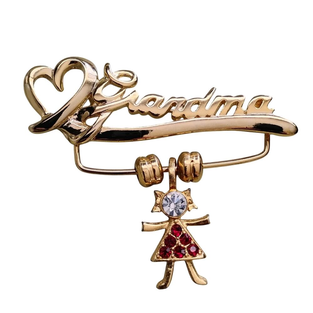 Vintage 1990 K.I.S. USA Gold Tone "Grandma" Charm Holder Bar Pin